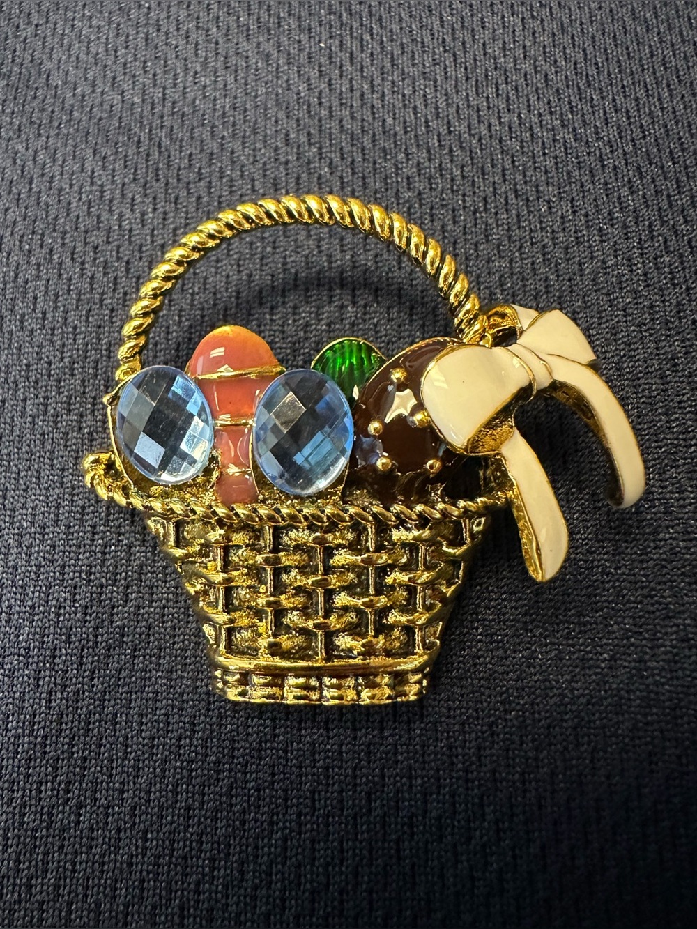 Gold Easter Basket Brooch with Multicolor Gems